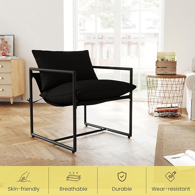 Kromax Sling Accent Chair Cozy Living Room Chairs Square Metal Frame Upholstered Soft Cushion Sponge 28 x28“x32 Easy Assembly Black