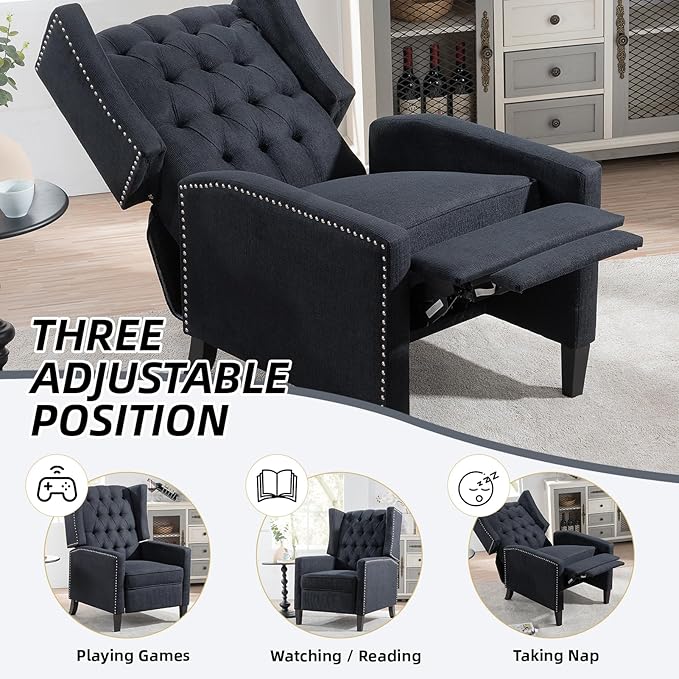 Wing Back Recliner Chair for Living Room Push Back Reclining Chairs Club Accent Chair Lounge Armchair Comfy Fabric Arm Chair with Rivet Decoration Tufted Back Solid Wood Legs Black