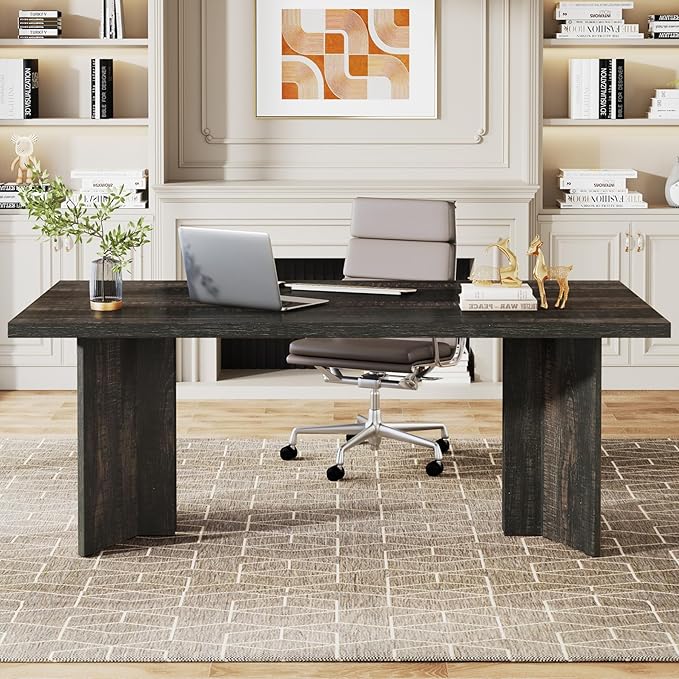 Tribesigns 63-inch Executive Desk Vintage Office Computer Desk with Large Tabletop Farmhouse Wood Writing Conference Table Workstation for Home Office Study Dark Gray