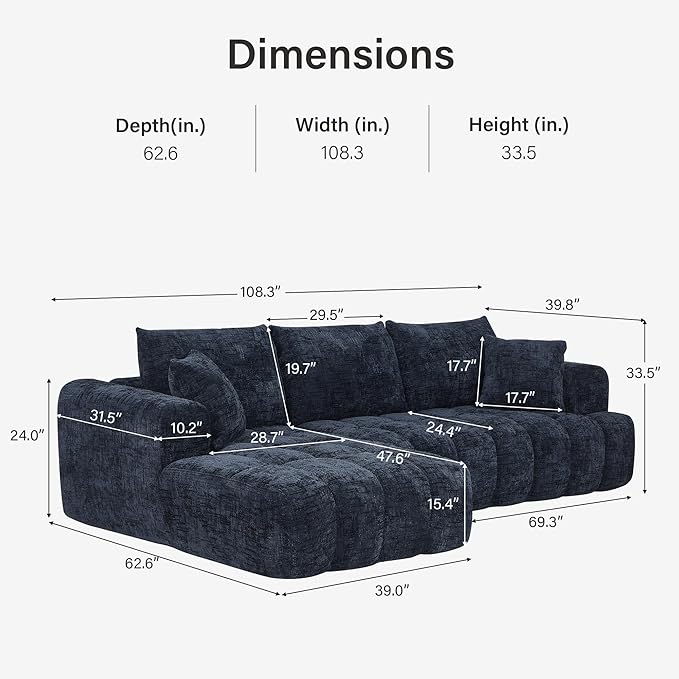 108 L-Shaped Sectional Sofa Compressed Boneless Cloud Couch with Left Chaise &amp Pillows Chenille Upholstered 4-Seater Modular Sofa for Living Room No Assembly Navy Blue