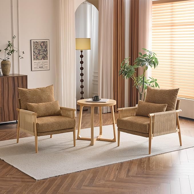 Karl home Cozy Chenille Accent Chair with Lumbar Pillow &amp Rattan Arms Modern Lounge Chair for Living Room Bedroom Reading Nook Khaki