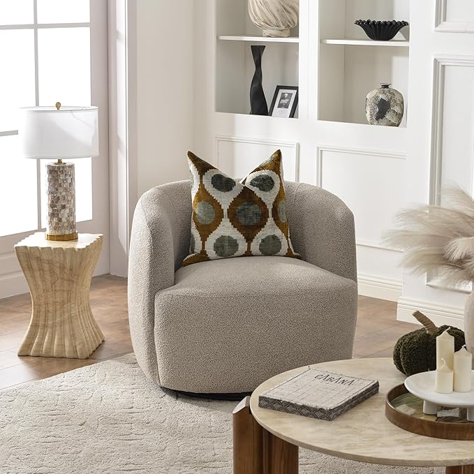 KINWELL 34 Wide Boucle Swivel Barrel Chair No Assembly Round Upholstered Armchair Accent Chair Single Sofa Chair with Toss Pillow for Living Room and Bedroom Taupe