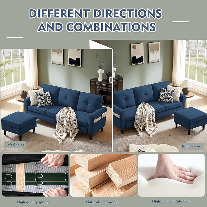 79 Convertible Sectional Sofa Small L Shaped 3 Seat Couch with Storage Chaise and Side Pocket Modern Linen Fabric Reversible Sofa Couches for Living Room Apartment and Small Space