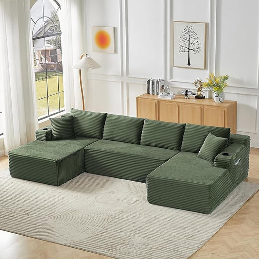 KIVENJAJA 133.5 Oversized U Shaped Sectional Cloud Couch Corduroy Modular Sectional Sofa with Cup Holders &amp Side Pockets Modern Deep Seat Boneless Couches for Living Room Apartment Green