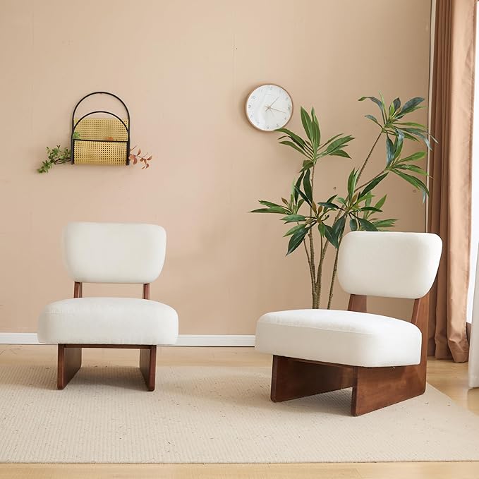 GDFStudio Upholstered Armless Accent Chairs Set of 2 Modern Side Chair Minimalist Leisure Chair with Backrest White Cusion for Living Room Bedroom Reading Room Walnut Slid Wood Base