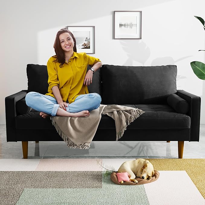 Loveseat Sofa70 Inch Velvet Couch for Living RoomSmall Couch Spring CushionsEasy Assembly Sofa Couches with Throw Pillow for Small Spaces (Black)