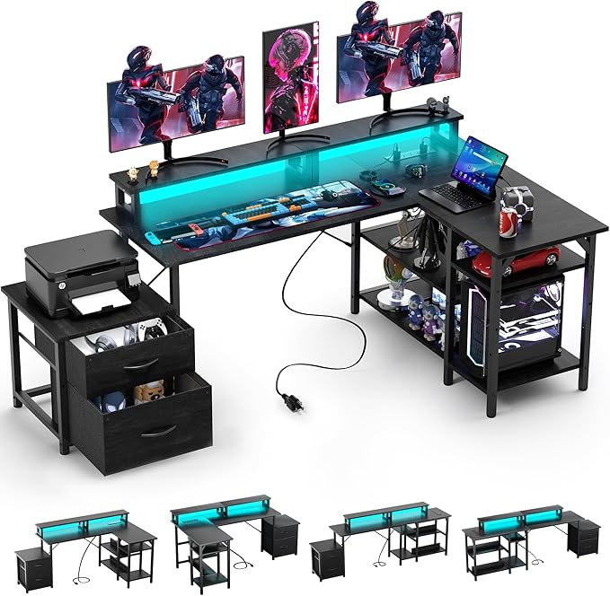 Home Office Desk with Power Outlet 67'' L Shaped Reversible Gaming Desk Corner Computer Desks with File Drawers Black