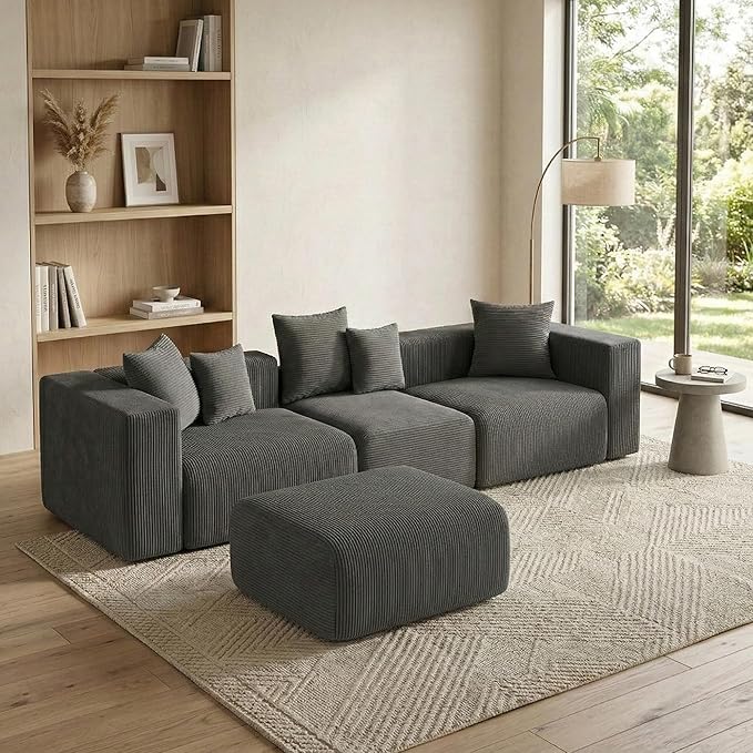 117” Boneless Cloud CouchSectional Modern 4 Seater L-Shaped Sleeper Sofa CouchesNo Assembly Modular Corduroy Convertible Sponge Compression Sofas with Chaise and Ottoman for Living Room(Grey)