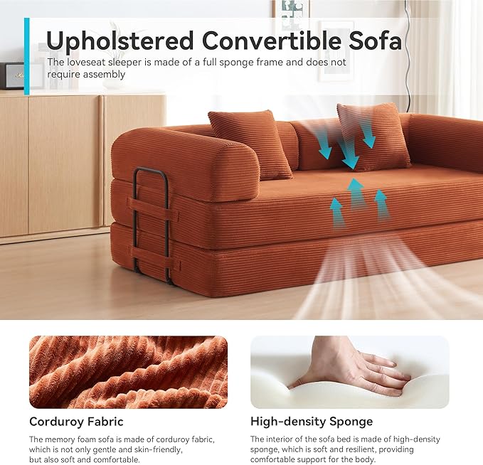 Convertible Sleeper Sofa with 2 Pillow Modern Corduroy Futon Bed Modular Sofa with Pull-Out Bed Love Seat Sleeper for Living Room Small Space Apartment Office