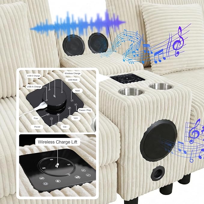 114 Corduroy Sectional Modular Couch with Speakers L Shaped Couches Comfy Deep Sofa with Console USB Charger Cup Holders Storage Ottoman for Living Room (Beige 114in)