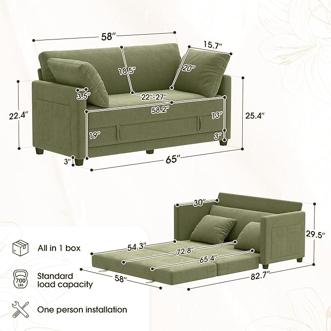 65 Convertible Loveseat Sofa Bed 2 in1 Folding Sofa Bed Loveseat Sleeper Sofa for Small Spaces Fold Out Floor Couch with 2 Pillows for Apartment Office &amp Guest Room (Green Chenille 65 inch)
