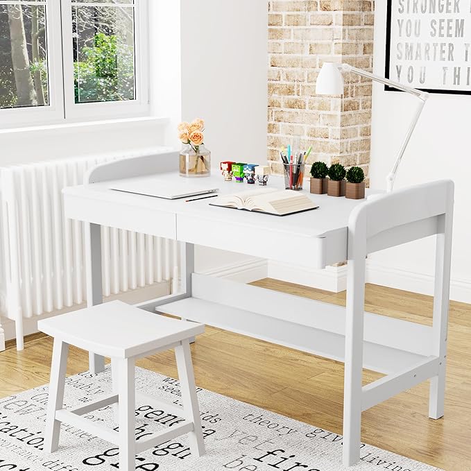 100% Solid Wood Desk with Drawers - 40 Inch Simple Modern Desks Writing Desk with Drawers &amp Shelf Work Study Table Adjustable Height Home Office Computer Desks - White