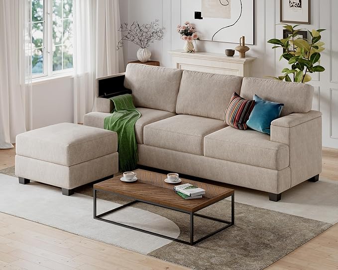 Sectional Couch Sofa with Armrest Organizer85 L Shaped Couch with OttomanVelvet Convertible Couches for Living Room3 Seats Sofas Set for BedroomHome FurnitureKhaki