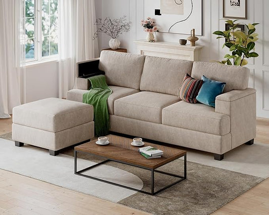 Sectional Couch Sofa with Armrest Organizer85 L Shaped Couch with OttomanVelvet Convertible Couches for Living Room3 Seats Sofas Set for BedroomHome FurnitureKhaki