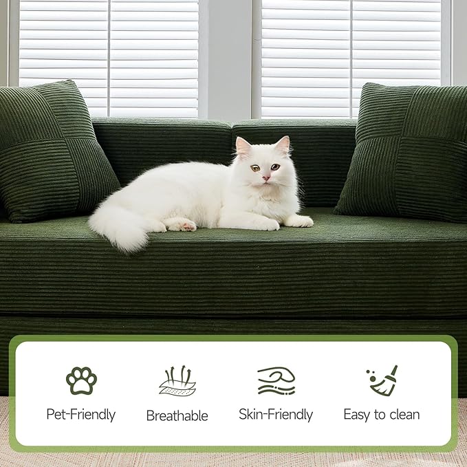 79 Boneless Sofa Bed 5-in-1 No-Assembly Convertible Sleeper Couch with Fixed Frame Armrests Modular Corduroy Futon Compressed in a Box for Space Saving (Green Includes 2 Pillows)