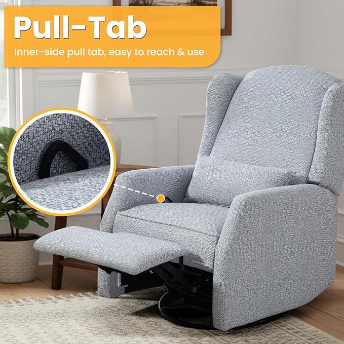Nursery Swivel Glider Recliner Chair with Segmented Footrest Modern 360° Rocking Manual Motion Sofa with Lumbar Pillow Detachable Wings &amp Armrest for Living Room Bedroom (LightGray)