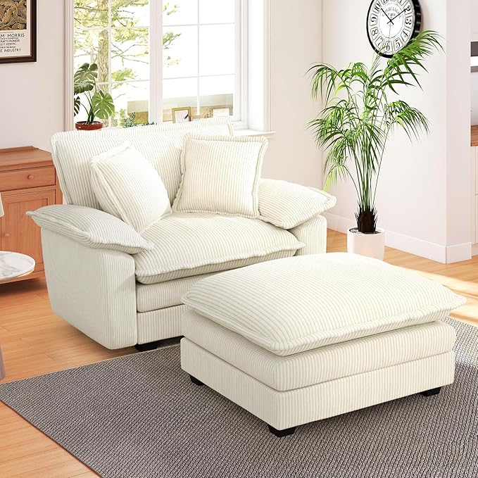 48 W Oversized Chaise Lounge Chair Indoor with Ottoman Upholstered Cloud Accent Chair with Extra Wide Armrests Comfy Green Corduroy Sleeper Chair for Living Room Bedroom Reading (Beige)