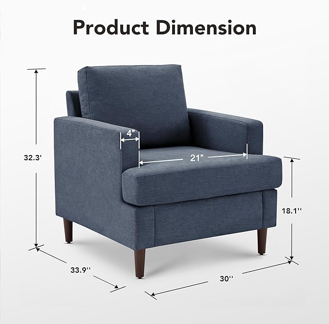 Mid-Century Accent Chair Comfy Upholstered Reading Accent Chairs for Bedroom Modern Linen Fabric Armchair for Living Room Single Sofa Chair with Wood Legs (Blue Grey 2 Pack)