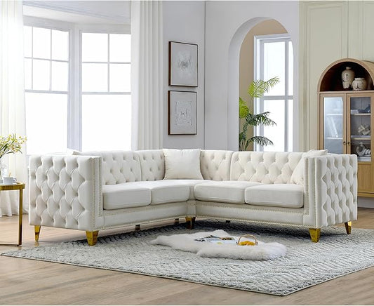 KEIKI 82.2 Velvet Corner Sofa Tufted 5 Seat Couch L-Shaped Sectional Couch for Living Room Buttons Tufted Square Arm Couch for Home Apartment Beige