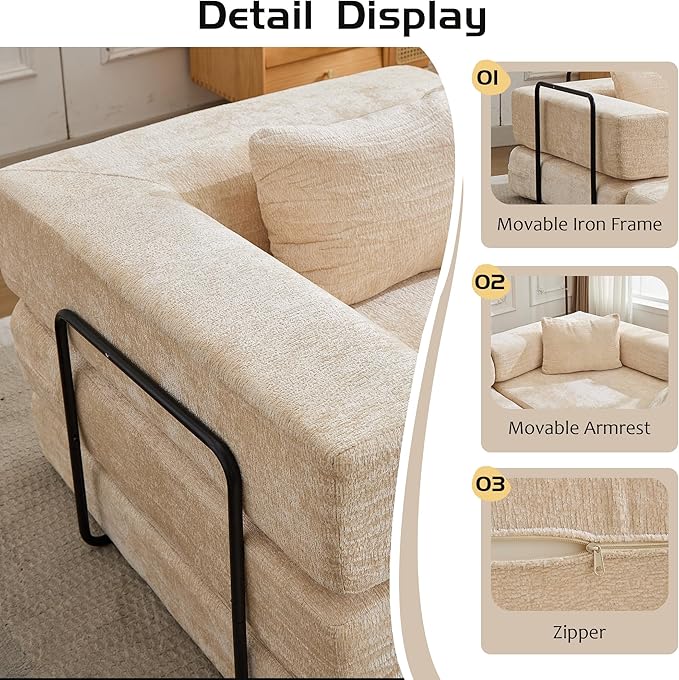 Convertible Floor Sofa Bed 3-Seat Modular Sectional Chenille Fabric No Assembly Required 118 inches Beige (3 Beige)
