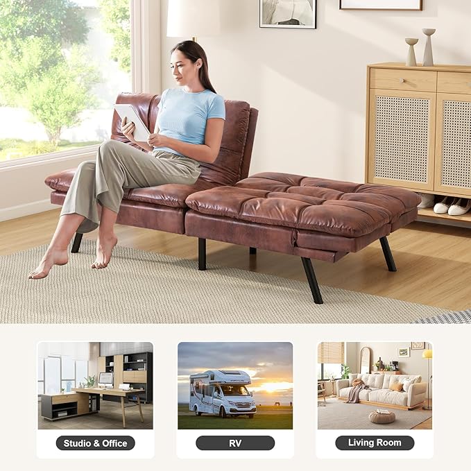 Opoiar Faux Leather Sleeper SofaMemory Foam Futon Sofa BedFoldable Couch SleeperCompact Sofa Padded with Metal Legs Modern Convertible Loveseat Sofa for Living RoomApartmentStudioBrown
