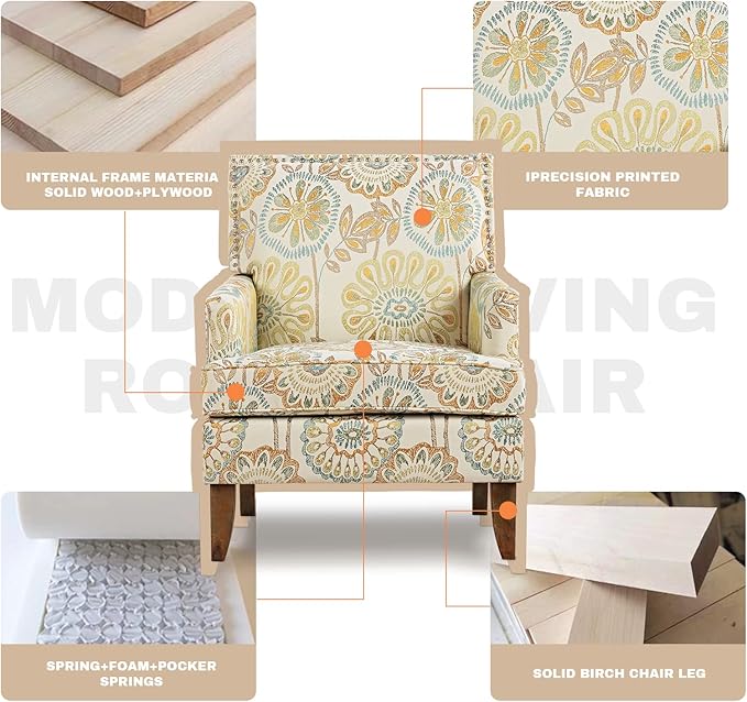 Floral Accent Sofa Chair Wingback Sofa Chair Comfy Club Chair Pattern Single Chair Upholstered Reading Arm Chairs for Living Room Bedroom (Beige Yellow)
