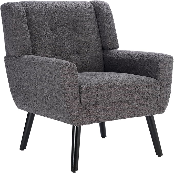 Modern Soft Teddy Material Ergonomics Accent Chair Living Room Chair Bedroom Chair Home Chair with Black Legs for Indoor Home Grey Teddy Fabric
