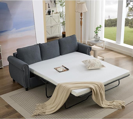 81.5 2-in-1 Queen Convertible Sleeper Sofa Bed Pull Out Couch Bed3 Seater Sofa Bedwith 3.35 Memory Foam MattressRivet HandrailLiving Room Apartment (Dark Gray)