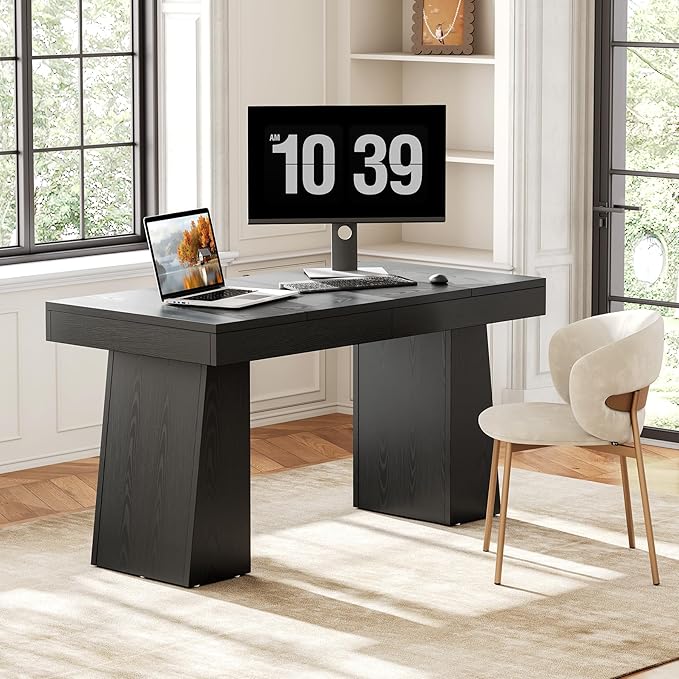 1Easylife 55 Inches Long Computer Desk Large Wooden Home Office Desk with Heavy Duty Pedestal Modern Simple Style Study Writing Desk for Home Office Black