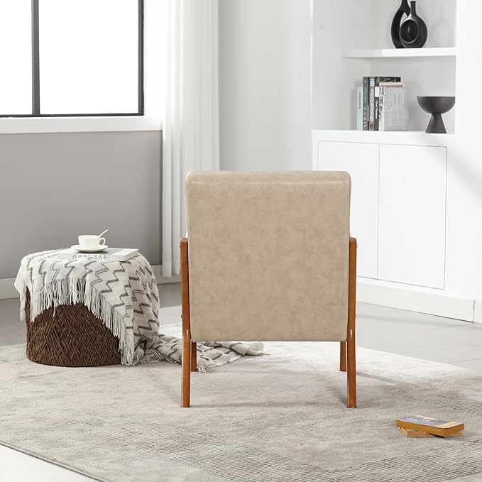 Modern Accent Chair Solid Wood Padding Lounge Armchairs with One Pillow for Living Room Bedroom Guest Room (Khaki PU)