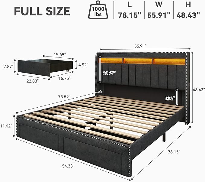 Torana Full LED Bed Frame with 2 Drawers Linen Upholstered Storage Wingback Headboard Beds Channel Tufted Platform Bedframe with Rivet Decor No Box Spring Needed Dark Grey