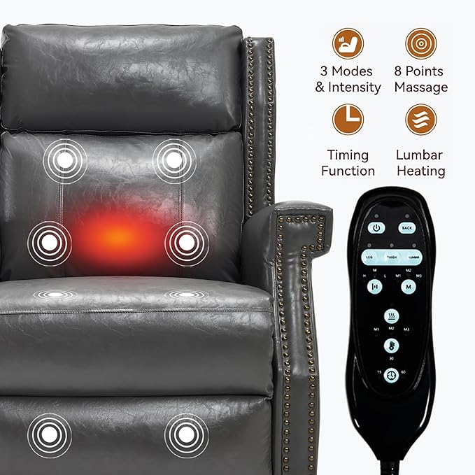 KEIKI Oversized Recliner Chair Manual Leather Recliner Chair with 8 Vibration Nodes Back Massager and Heating for Living Room Comfy Rocking Chairs for Living Room Grey