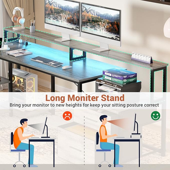 Aheaplus L Shaped Desk with Power Outlet Reversible L Shaped Computer Desk with File Drawer &amp Monitor Stand Gaming Desk with LED Strip Home Office Desk Corner Desk with Storage Shelf White Oak