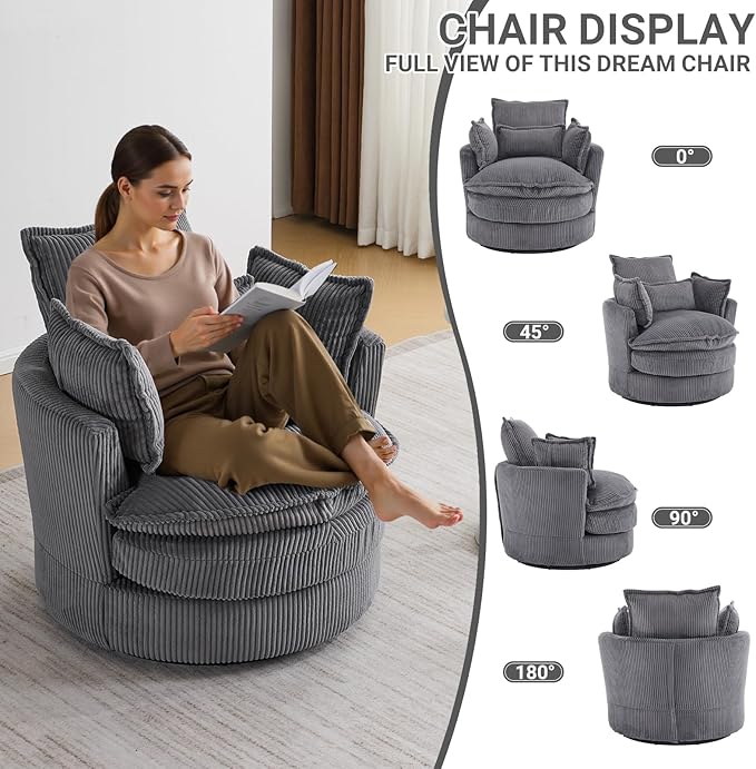 Karl home Swivel Barrel Chair-Corduroy360 Degree Modern Lounge Armchair ChairComfy Round Accent Single Sofa Chair with 3 Pillows for Living RoomBedroomLoungeHotelGrey