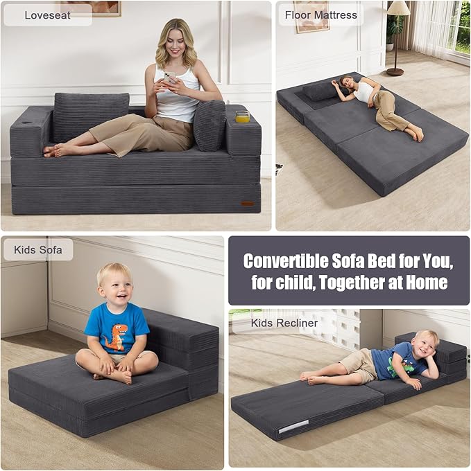 MeMoreCool Futon Couch Convertible Sofa Bed Queen Folding Floor Couch Bed with Pillow Corduroy Grey Foldable Sofa Sleeper Fold Out Boneless Loveseat Lounge for Living Room Small Spaces