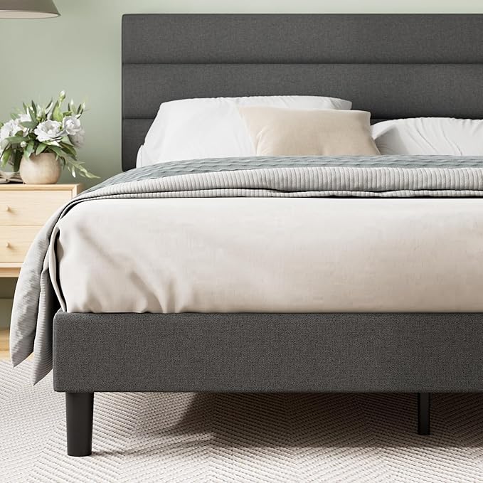 Zinus King Piper Upholstered Platform Bed with Horizontal Paneled Headboard Wooden Slat Support No Box Spring Needed Easy Assembly Eco Friendly Packaging Dark Grey