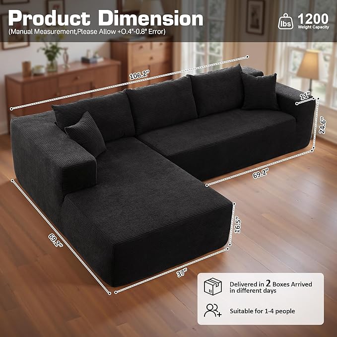 106 Cloud Sectional Couch with Chaise LoungeL Shaped Modular Modern SofaComfy Corduroy Fluffy Sofa with Deep SeatNo Assembly Required Couch for Living Room(LeftStripe CorduroyBlack)