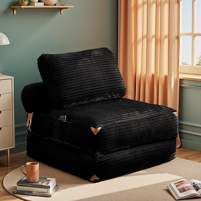 Folding Sofa Bed Convertible Sleeper Chair with Pillow Back Support Foldable Corduroy Futon Floor Couch Comfy Fold Out Chair Bed for Living Room Bedroom Dorm Black