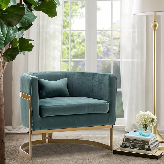 Velvet Accent Chair Modern Upholstered Arm Chair for Living Room Bedroom Sofa Side Chair Velvet Barrel Chair with Gold Legs Lake Blue