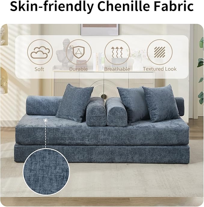 Convertible Sofa Bed 4-in-1 Floor Foldable Couch Bed with Armrests &amp Pillow Chenille Fabric No Assembly Required Comfy Memory Foam Couch Lounge Sofa for Living Room Light Blue