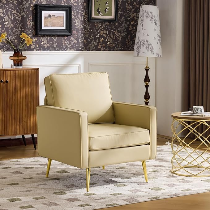 VINGLI Modern PU Leather Accent Chairs Set of 2 Single Sofa Chair with Pocket Coil Seat Metal Backrest &amp Solid Wood Frame Upholstered Armchair for Living Room Bedroom or Office