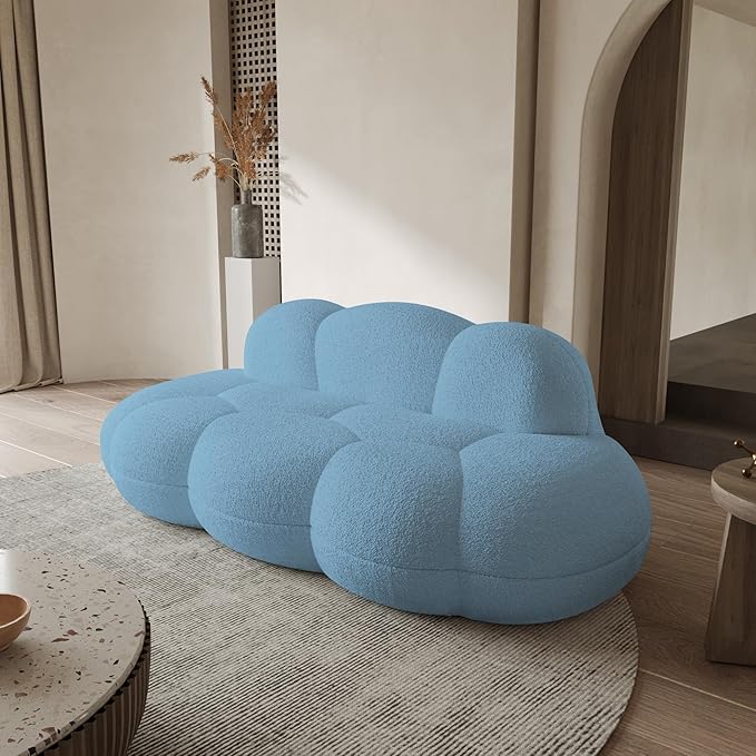 WJShome 90 Boucle Sofa Modern Curved Upholstered Cloud Couch Deep Seat LoveSeat 3 Seater Sofa Cozy Modern Boneless Sherpa Fleece Couches for Living Room Bedroom Apartment (Blue)