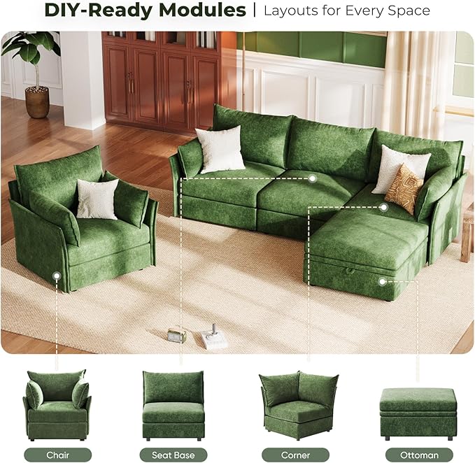 ABCASA 102.6 Sectional Couches for Living Room Oversized 3-Seater Comfy Green Couch with Pet-Friendly Removable Backrest Cover 24.5 Deep Seat Mid-Century Sectional Sofa for Bedroom Apartment