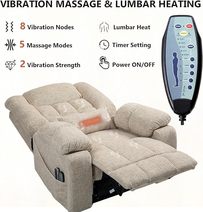 4 Motor Power Lift Recliner Chair for Elderly Oversized Lay Flat Recliner with Massage Heat Adjustable Headrest Hidden Cup Holders Zero Gravity Big and Tall Recliners Cream