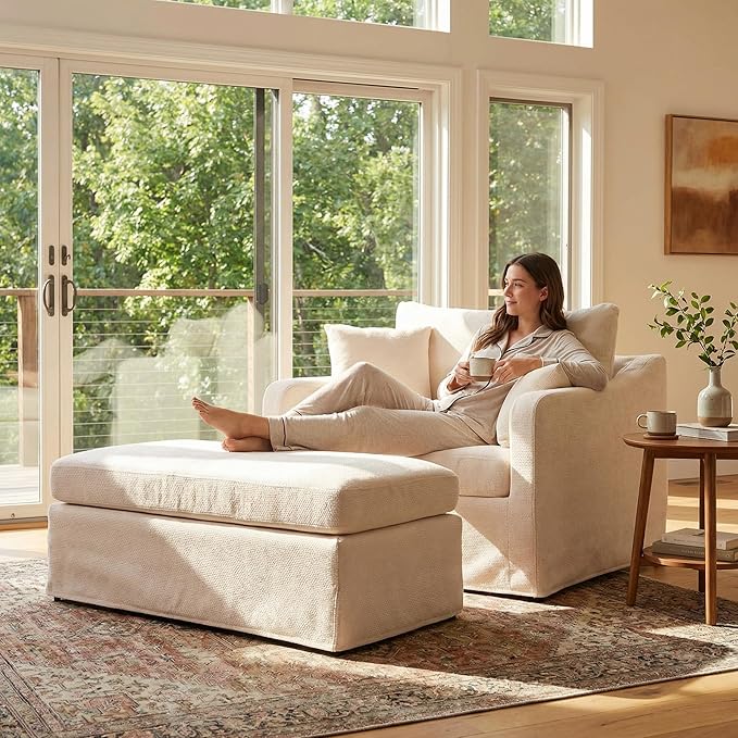 Aoiy &amp Wifon 43.9'' W Oversized Accent Chair Upholstered Mid-Century Lounge Reading Chair for Living Room &amp Bedroom Chenille Beige