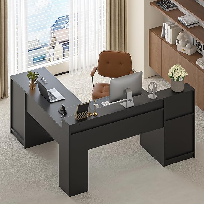 63 Farmhouse L Shaped Desk with Drawers &amp Storage Shelf Corner Computer Desk with Power Outlets for Home Office Executive Desk with Monitor Stand Printer Shelf Black