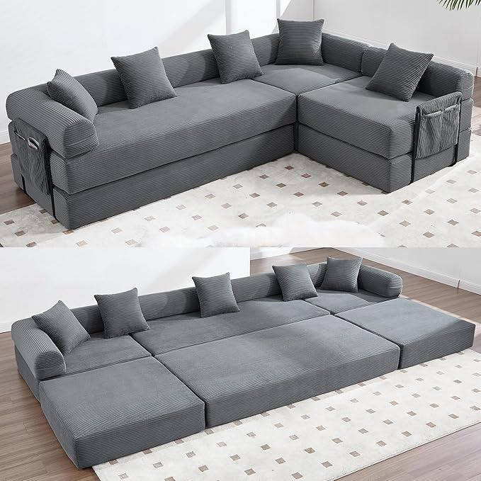 106 Oversized Convertible Sleeper Sofa Bed Corduroy L Shape Sectional Couch Folding Sofa Bed with Side Pocket Modern Cloud Floor Mattress Couch Modular Sofa for Living Room Gray