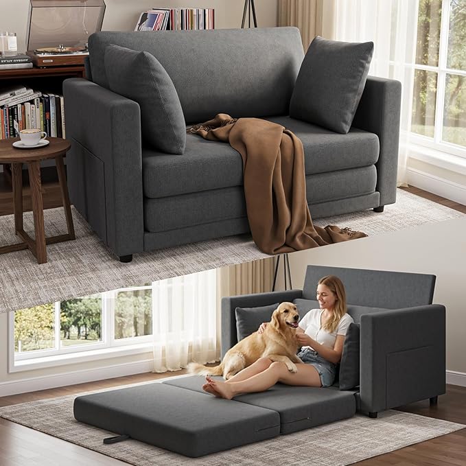 Convertible Loveseat Sofa Bed | Pull Out 78.7” Floor Couch Bed | Folding Sleeper Sofa Bed for Living Room Apartment &amp Guest Room | Dark Gray