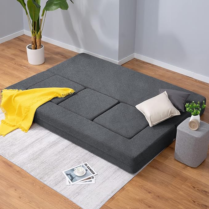 Mjkone Queen Convertible Velvet Futon Sofa Bed with 3 Ottomans Memory Foam Fold Out Couch Bed Foldable Floor Sofa Guest Sleeper for Living RoomDark Grey