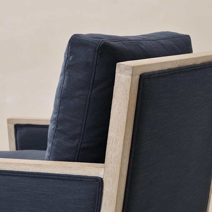 KINWELL 27 Wide Oak Wood Frame Performance Fabric Swivel Armchair No Assembly Down Fill Upholstered Swivel Barrel Chair with Removable Pillow Back for Living Room Bedroom (Indigo)